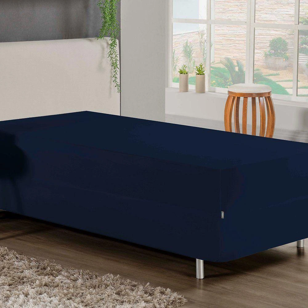 Jogo De Cama Solteiro Nobre 2 Peças Luva De Box 55cm De Altura Malha 100% Algodão - Azul-marinho