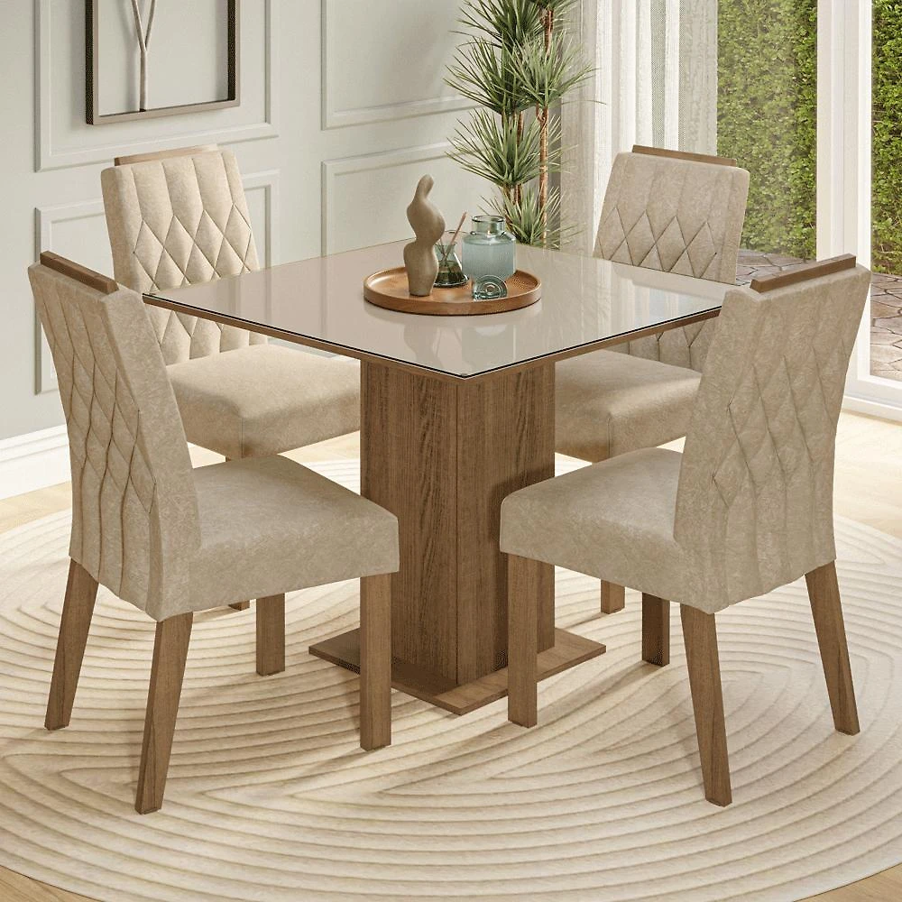 Conjunto Sala de Jantar Tampo de Vidro 4 Cadeiras Rustic/Crema/Imperial Sálvia Madesa