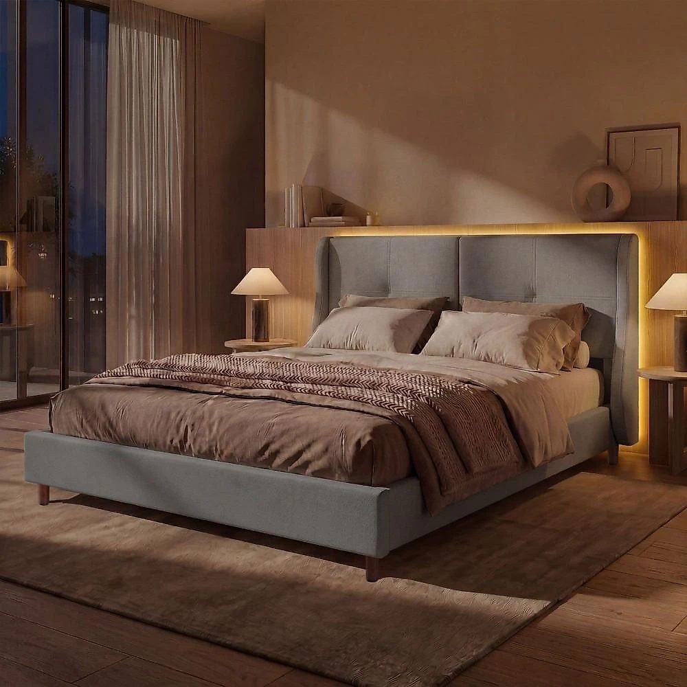 Cama Estofada Queen com Estrutura Reforçada e Design Moderno Aura Cinza