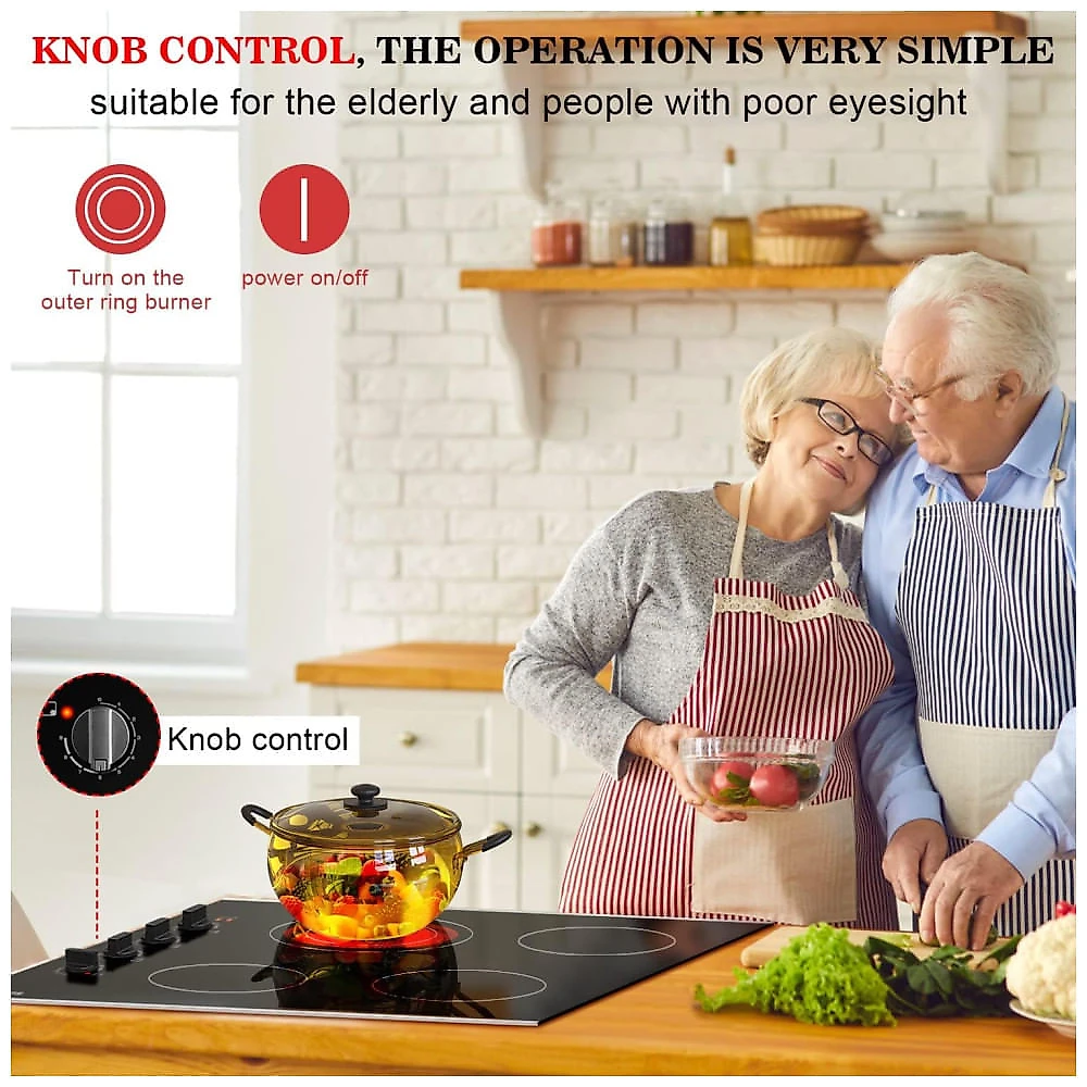 Cooktop Elétrico Karinear 76 cm 4 Bocas, Controle por Botão, Cooktop Cerâmico Embutido com Proteção de Vidro e Moldura de Metal, Indicador de