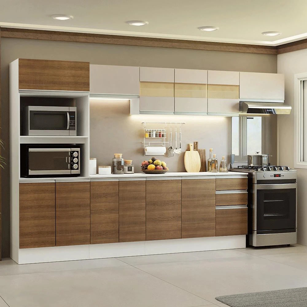 Armário de Cozinha Completa 100% MDF 310 cm Branco/Rustic/Crema Smart 02