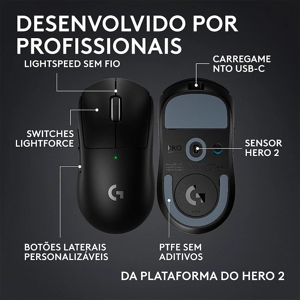 Mouse Gamer Sem Fio Logitech G PRO X SUPERLIGHT 2c, 5 botões, 44000 DPI, Atualização de até 8 kHz, PC e Mac, Preto - 910-007530