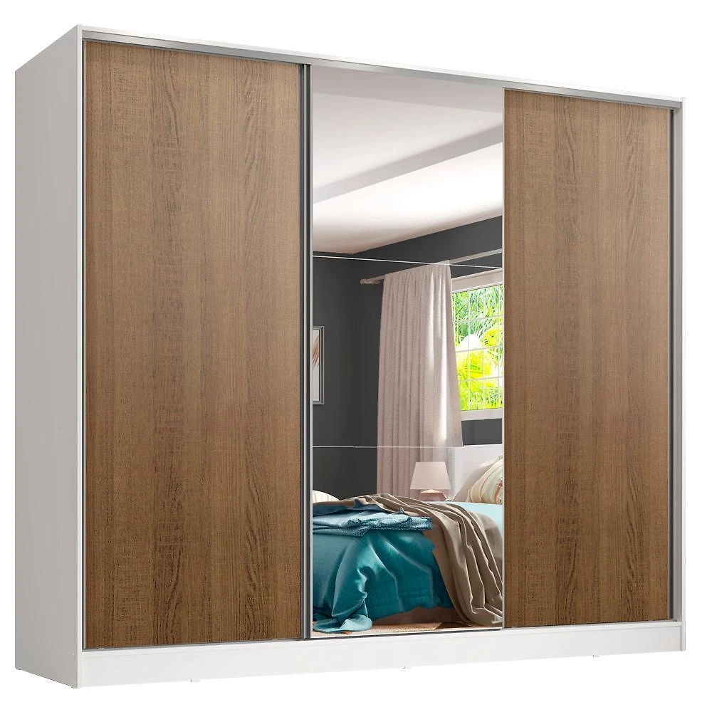 Guarda roupa juvenil 100% mdf madesa kevin 3 portas de correr com espelho - branco/rustic