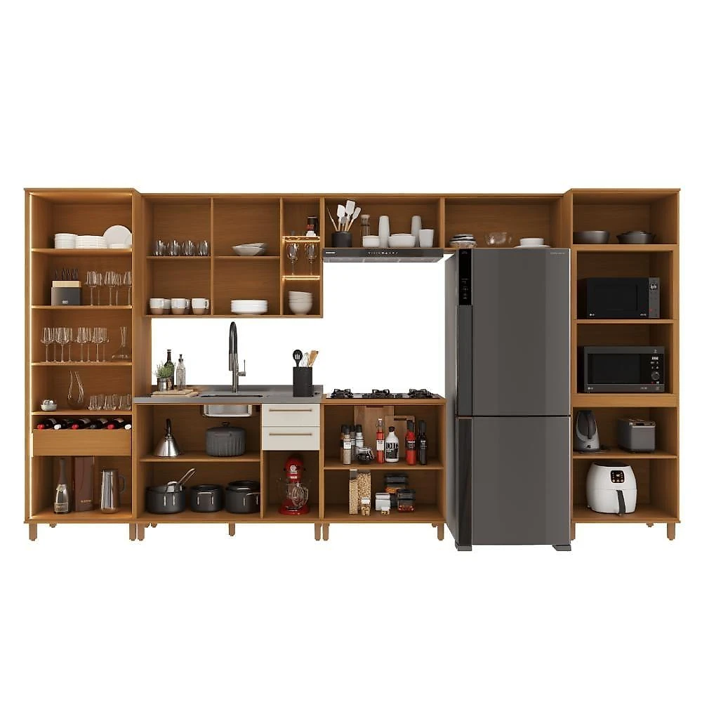 Cozinha Completa Berlim 14 Portas 3 Gavetas MDF-MDP 420CM Freijó-Off-white Fidelita Móveis