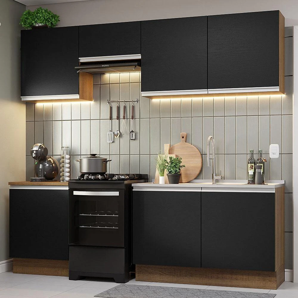 Armário De Cozinha 240Cm Rustic/Preto Glamy 09 Rustic/Preto