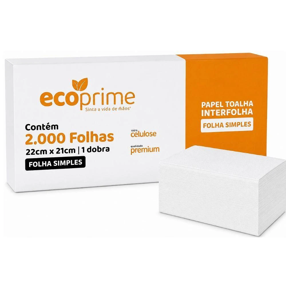 Papel Interfolha Eco Prime 100% Celulose 2 Dobras 22x21cm 2000 Folhas Branco