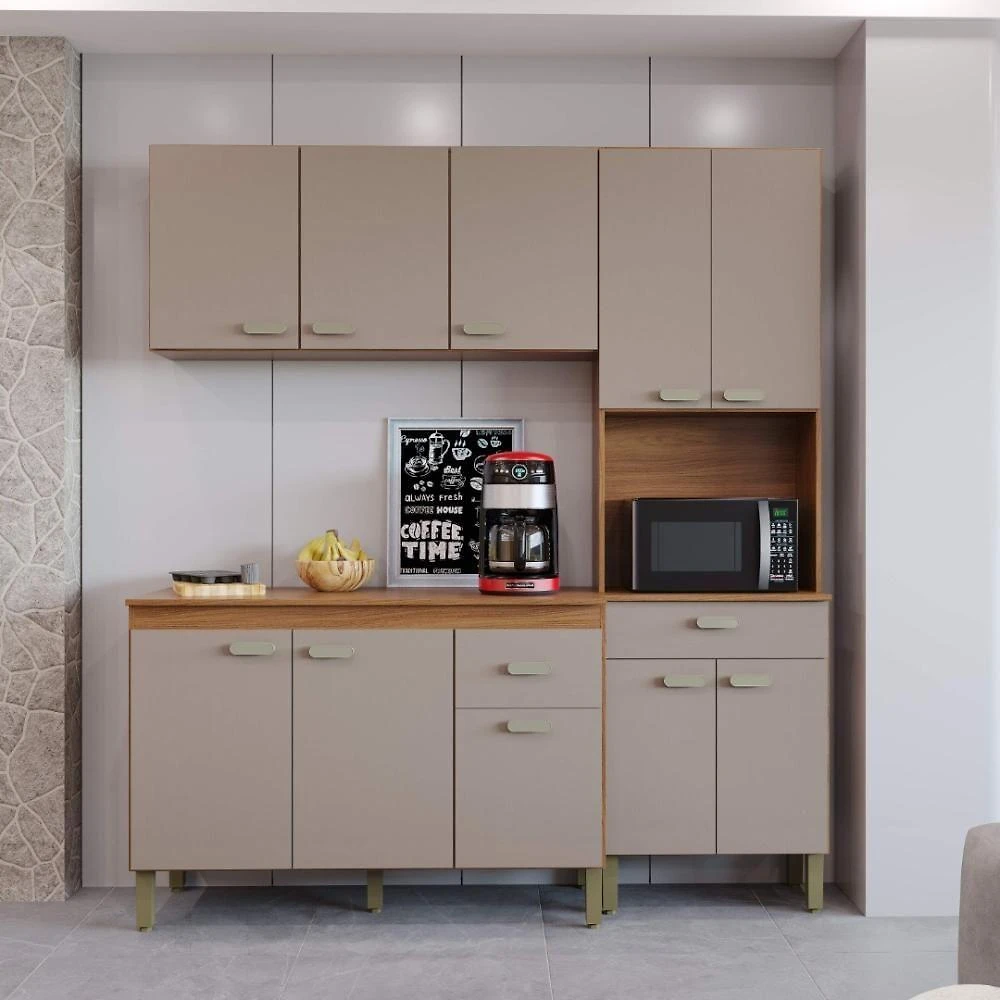 Cozinha Compacta Modulada Mariana 10 Portas 2 Gavetas MDF-MDP 180cm Freijó-camurça