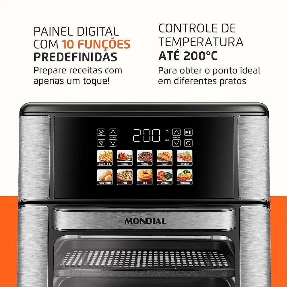 Air Fryer Forno Mondial Oven 13L 2000W 10 Programas Touch Preto e Inox 110V