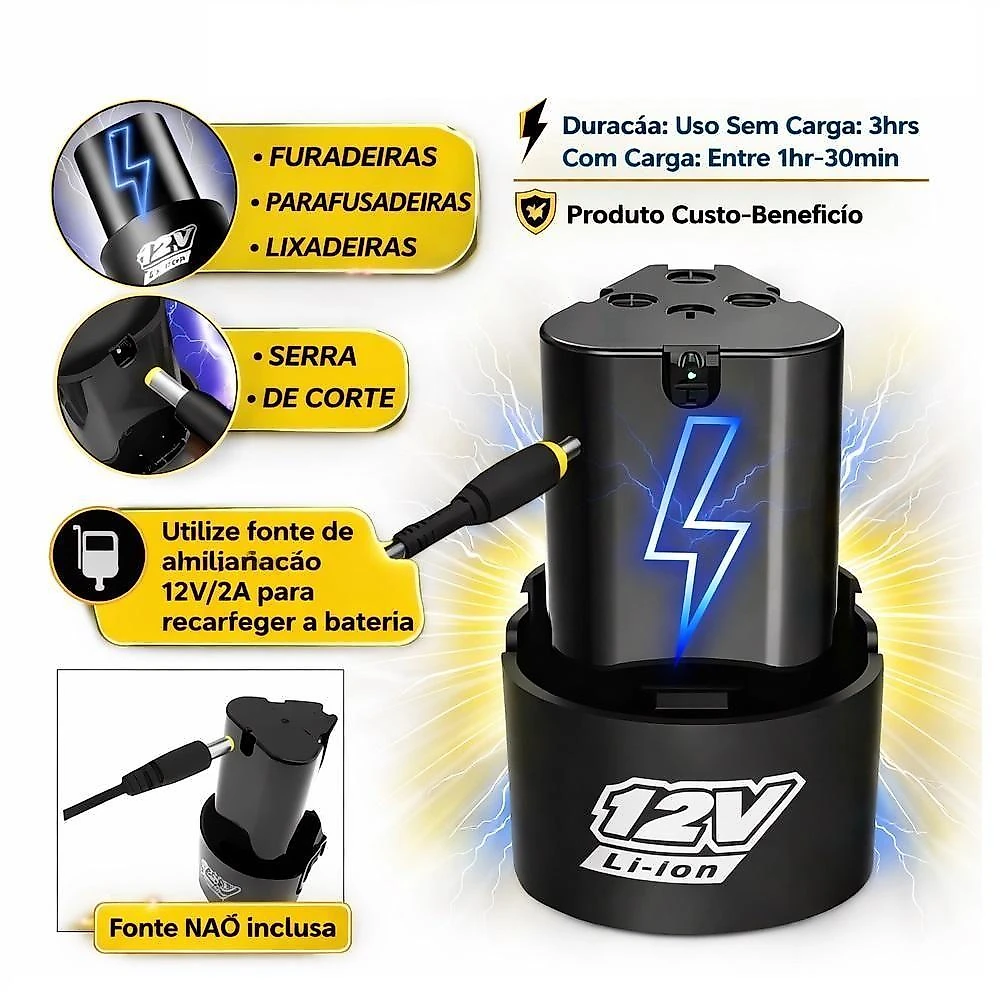 Bateria Recarregável Yeet 12V 1.3Ah Li Ion para Parafusadeira e Furadeira Universal