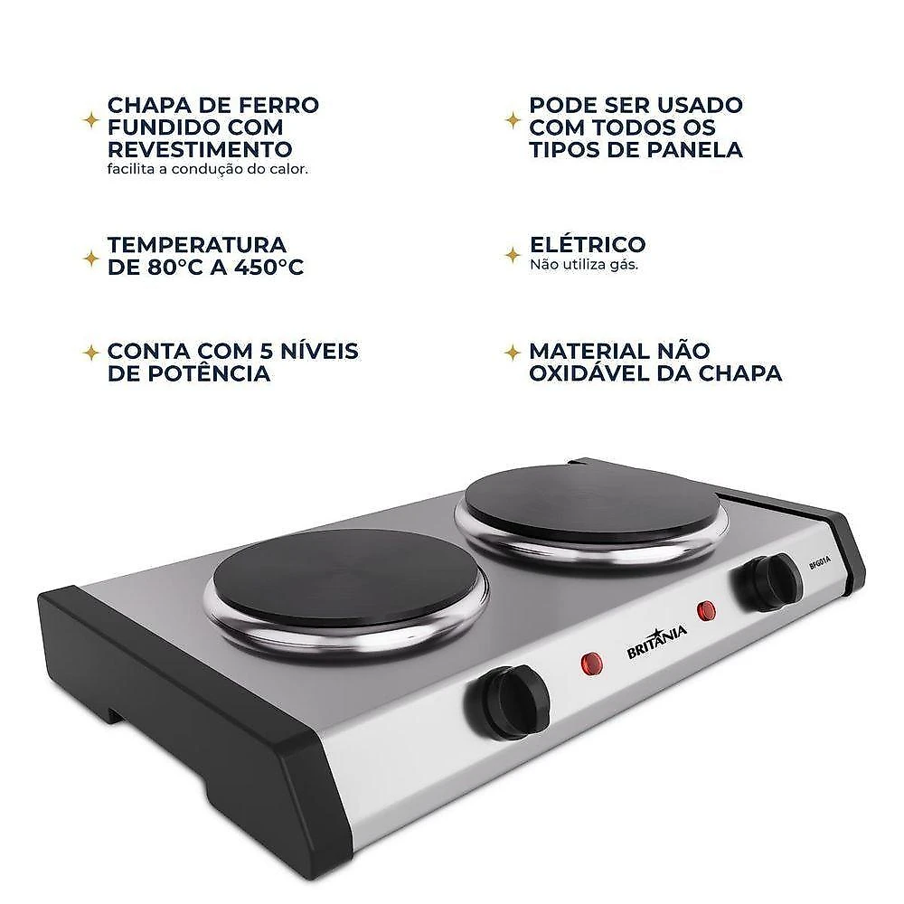 Fogão Elétrico de Mesa Britânia BFG01A 2 Bocas Aço Inox Branco com Temperatura Ajustável 220V