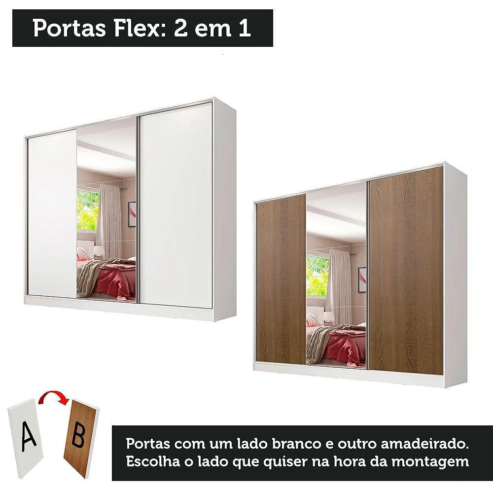 Guarda roupa juvenil 100% mdf madesa kevin 3 portas de correr com espelho - branco/rustic