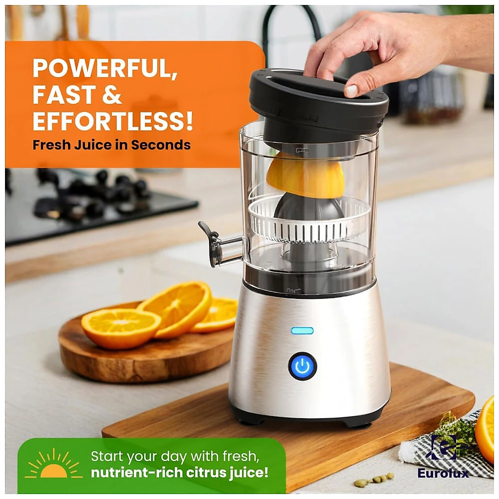 Espremedor de Frutas Cítricas Elétrico Eurolux em Aço Inoxidável - Premium, Sem Mãos, Tela de Toque Única para Suco de Laranja de Limões e Limas