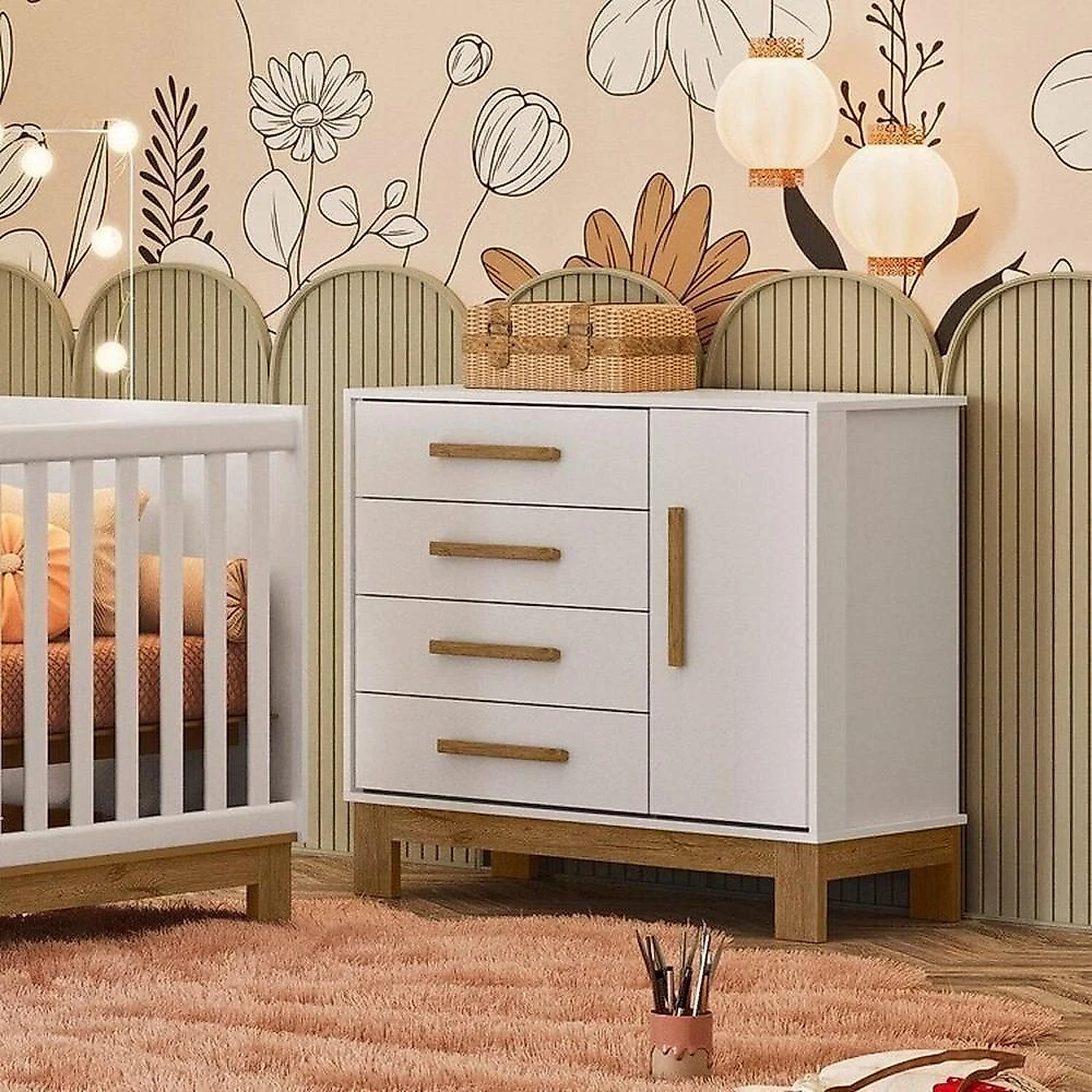 Quarto para Bebê Completo com Guarda-roupa, Berço e Cômoda Slim Branco Acetinado