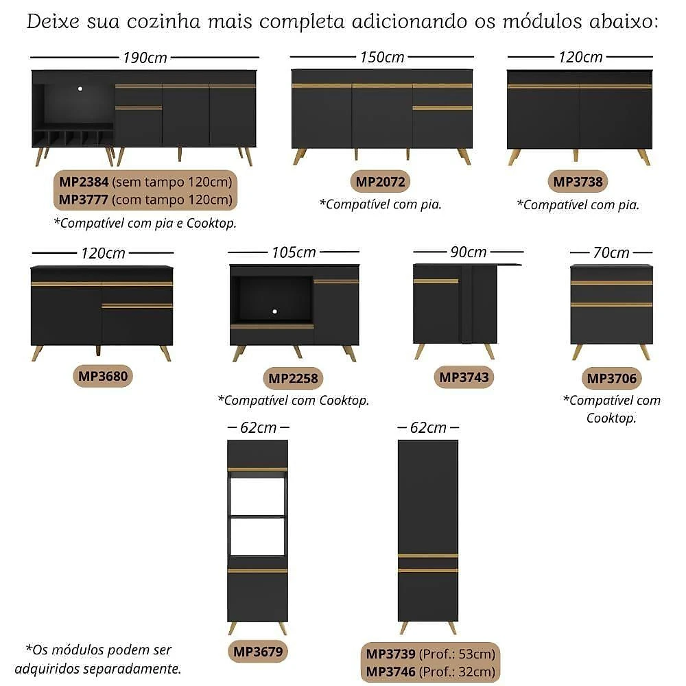 Multimóveis Kit Rodapés para Balcão de Cozinha 190cm Veneza com Pés Preto