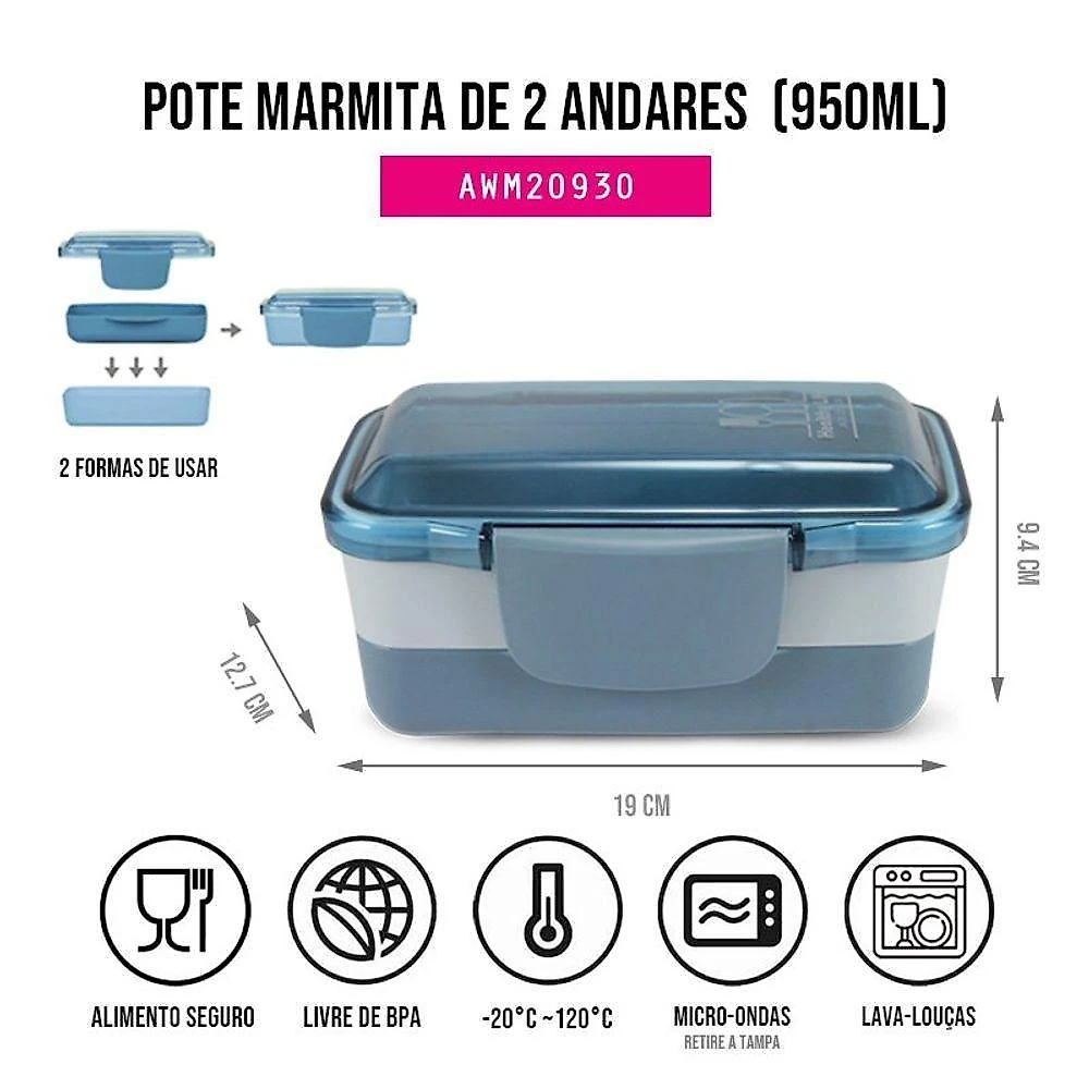 Kit Bolsa Térmica E Pote De Marmita 2 Andares Concept Azul