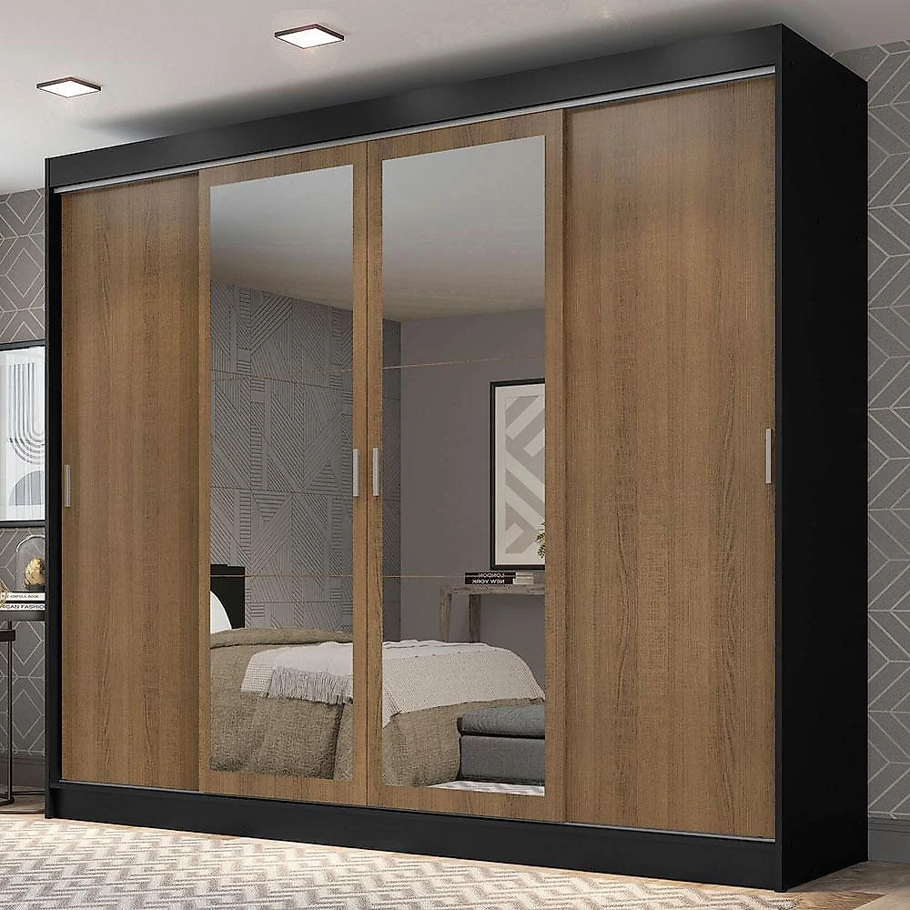 Guarda-roupa casal madesa austin 4 portas de correr com espelhos 3 gavetas preto/rustic