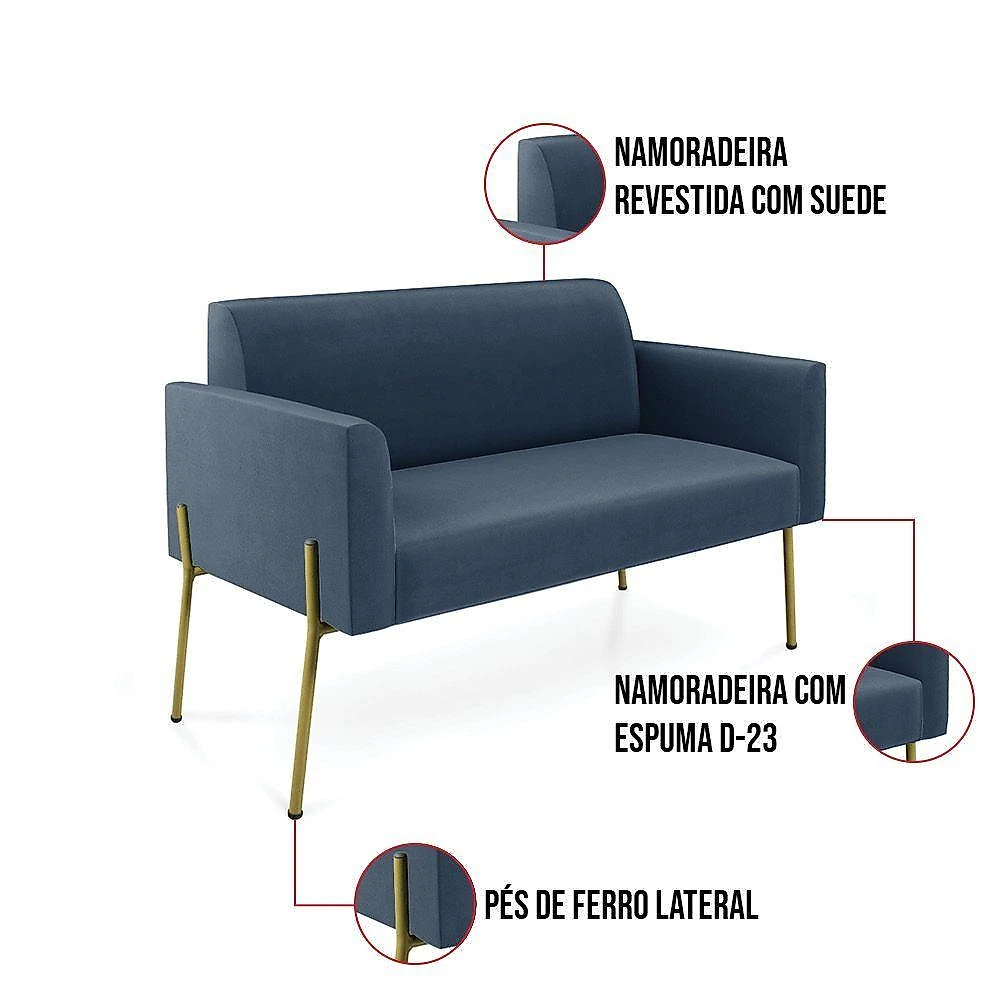 Sofá Namoradeira E 2 Poltronas Pé De Ferro Dourado Marisa Suede Azul Marinho D03