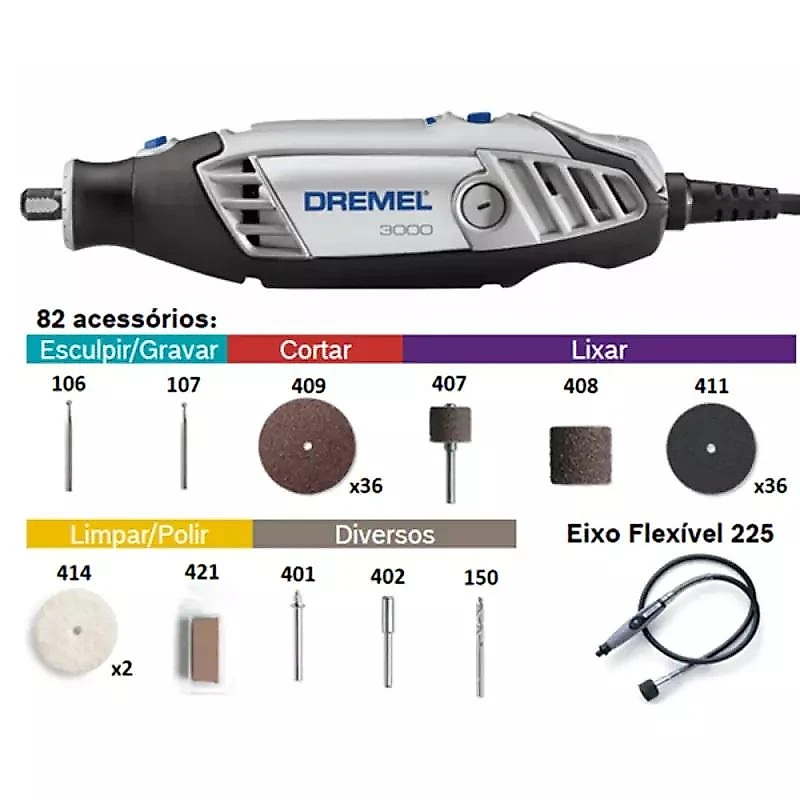 Retífica DREMEL 3000 com Eixo Flexível, 82 Acessórios e Suporte 2222 DREMEL 110V