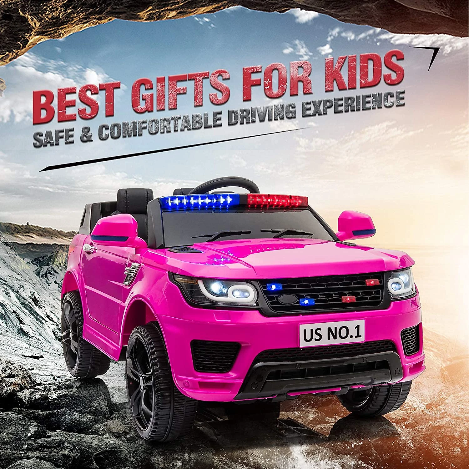 TOBBI Carro Elétrico Policial 12V Recarregável para Crianças 2 Assentos até 29 kg Idade Recomendada 3 Rosa