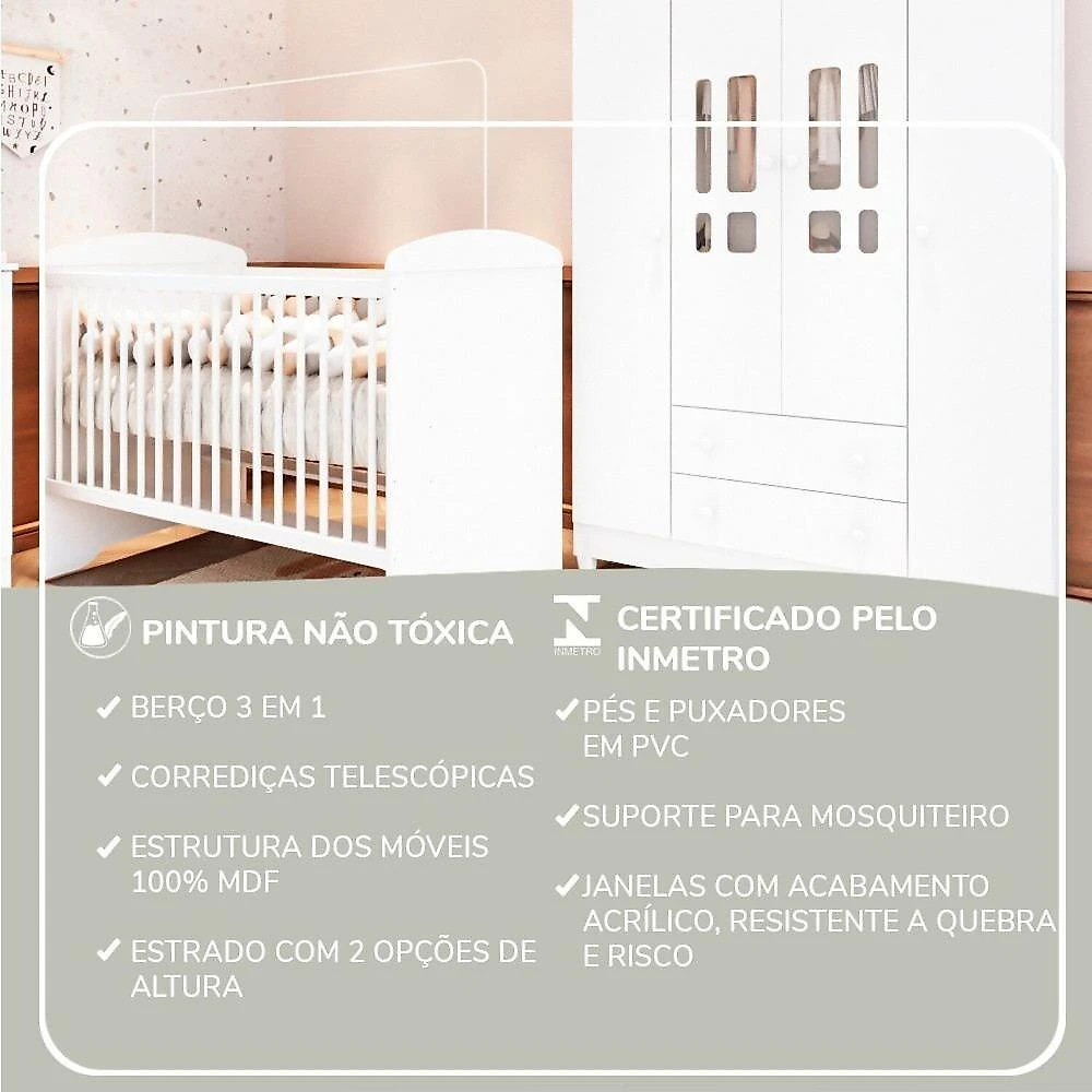 Quarto de Bebe Completo Berço 3 em 1 Eloá e Roupeiro Ariel Branco