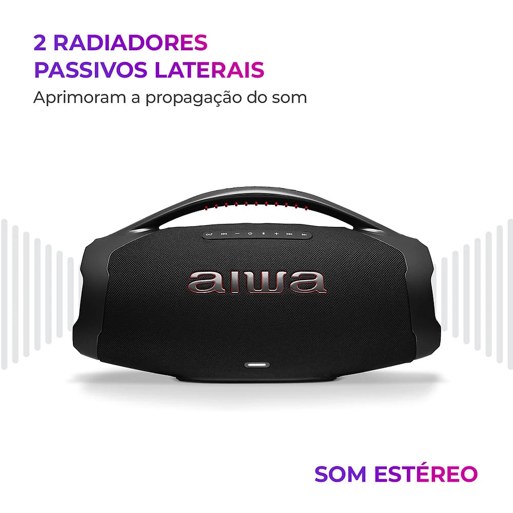 Miniatura Caixa de Som Boombox Plus AIWA BBS-01-B 200W Bluetooth 30H IP66 USB Preto BOOMBOX AWS-BBS-01-B BIVOLT