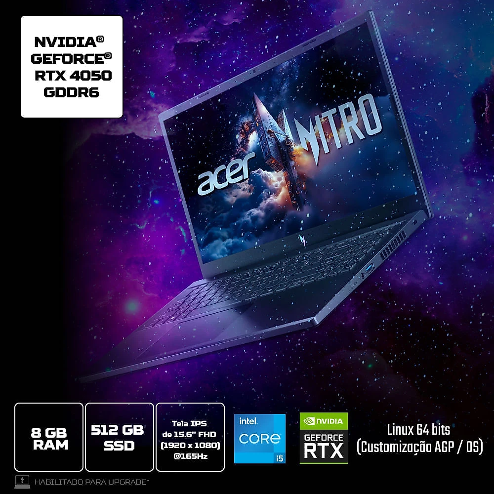 Notebook Gamer Acer Nitro V15 ANV15-52-57MC Intel® Core™ i5-13420H de 13ªG 8GB RAM 512 GB SSD RTX4050 Linux 15.6"