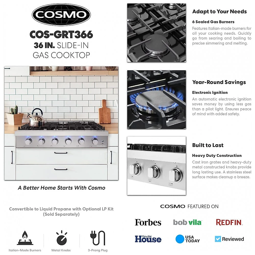 Cooktop a gás slide-in 91cm Cosmo inox queimadores italianos selados mesa em porcelana preta 6 queimadores 110V
