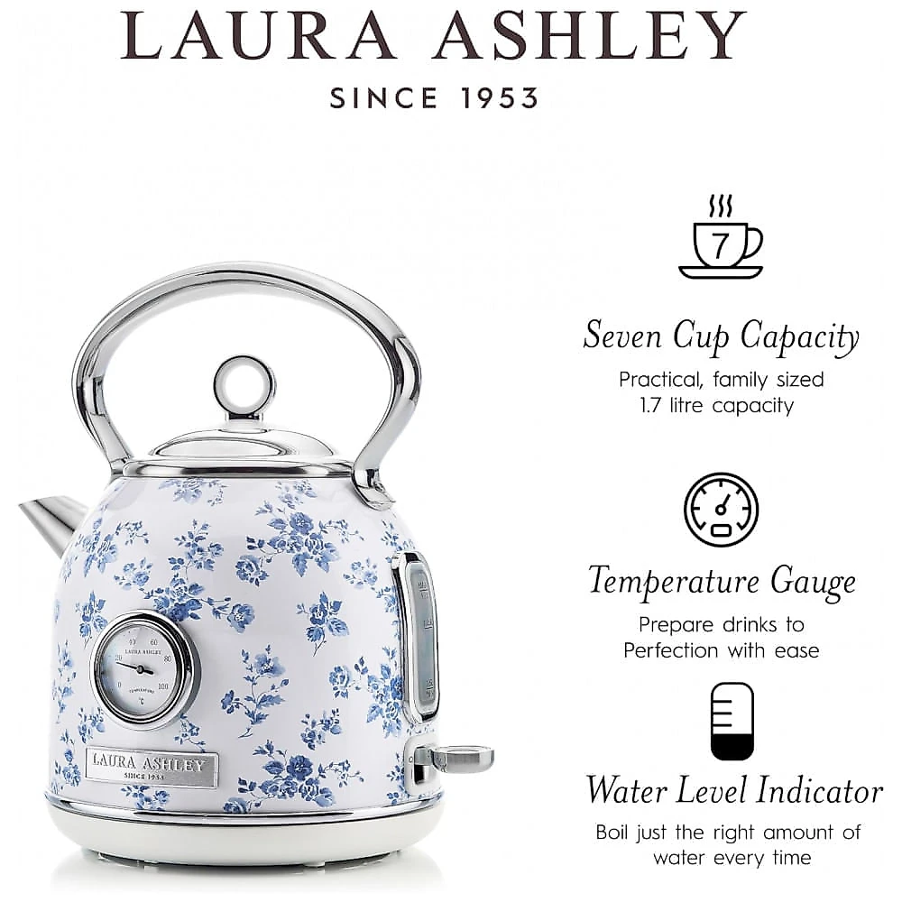 Chaleira Elétrica Laura Ashley 1,7L Inox Branco com Estampa Floral China Rose, Termômetro Externo, Filtro Removível, Dome VQ-SBPKK336-LACR-US 1500W