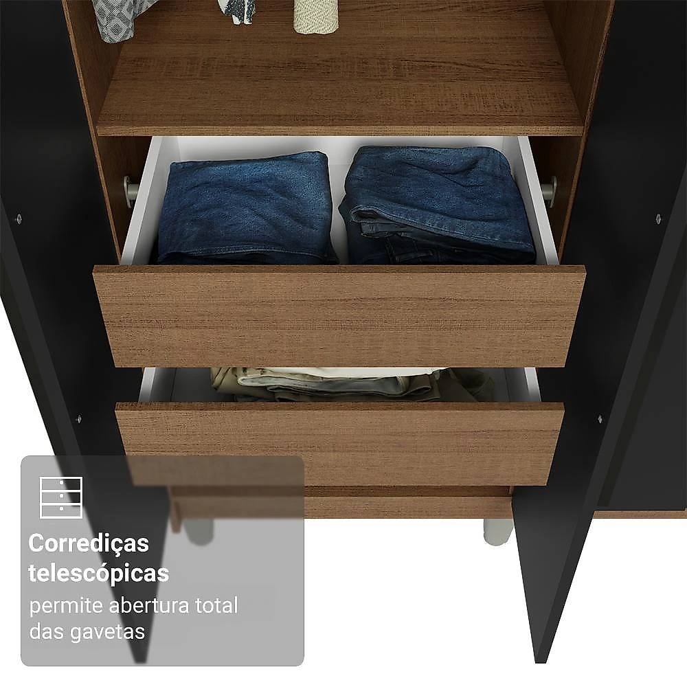 Guarda-roupa casal com pés 8 portas batentes com espelho rustic/preto/preto netuno madesa