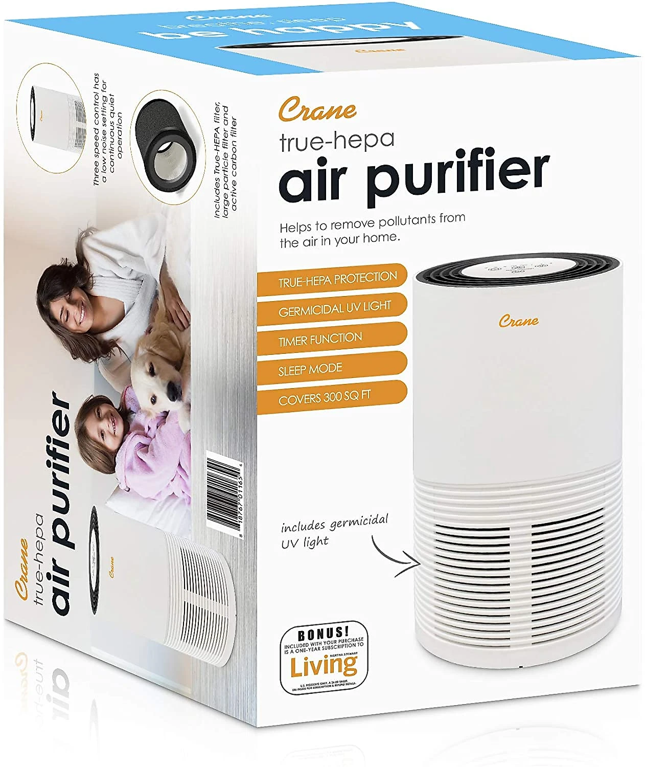 Crane EE5068 Purificador de Ar cFiltro H13 HEPA Luz Ajustavél Área 27 m2 Branco