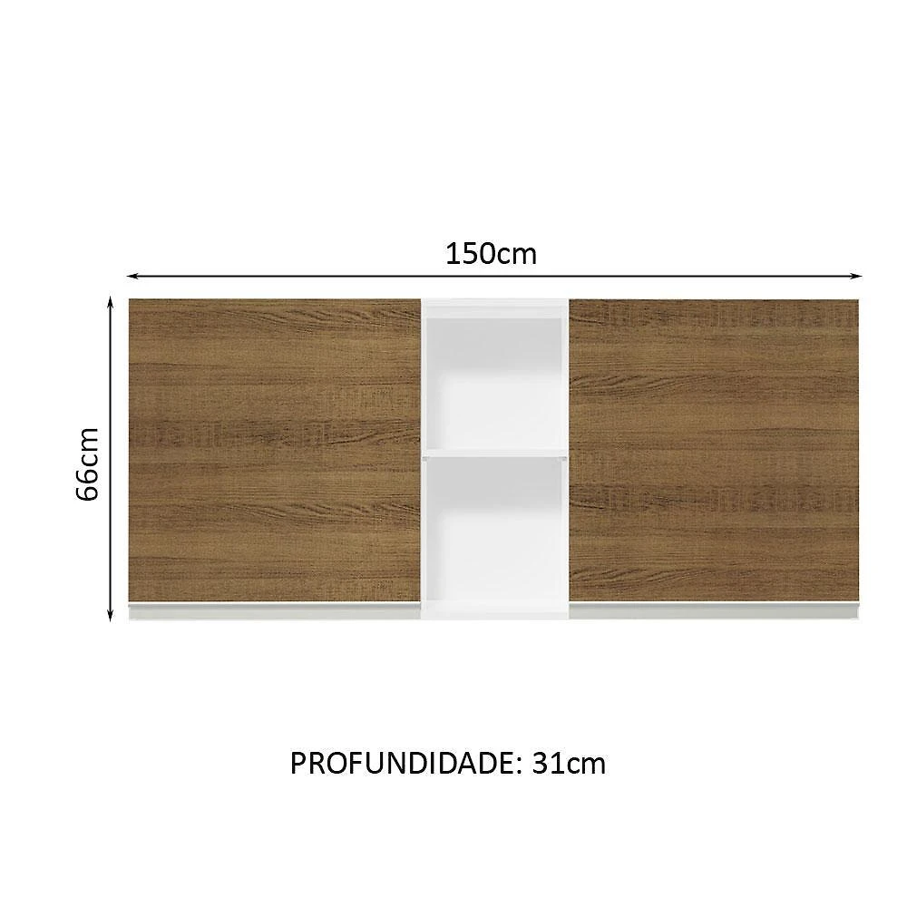 Armário de cozinha aéreo 150 cm 2 portas e 2 nichos branco/rustic glamy madesa