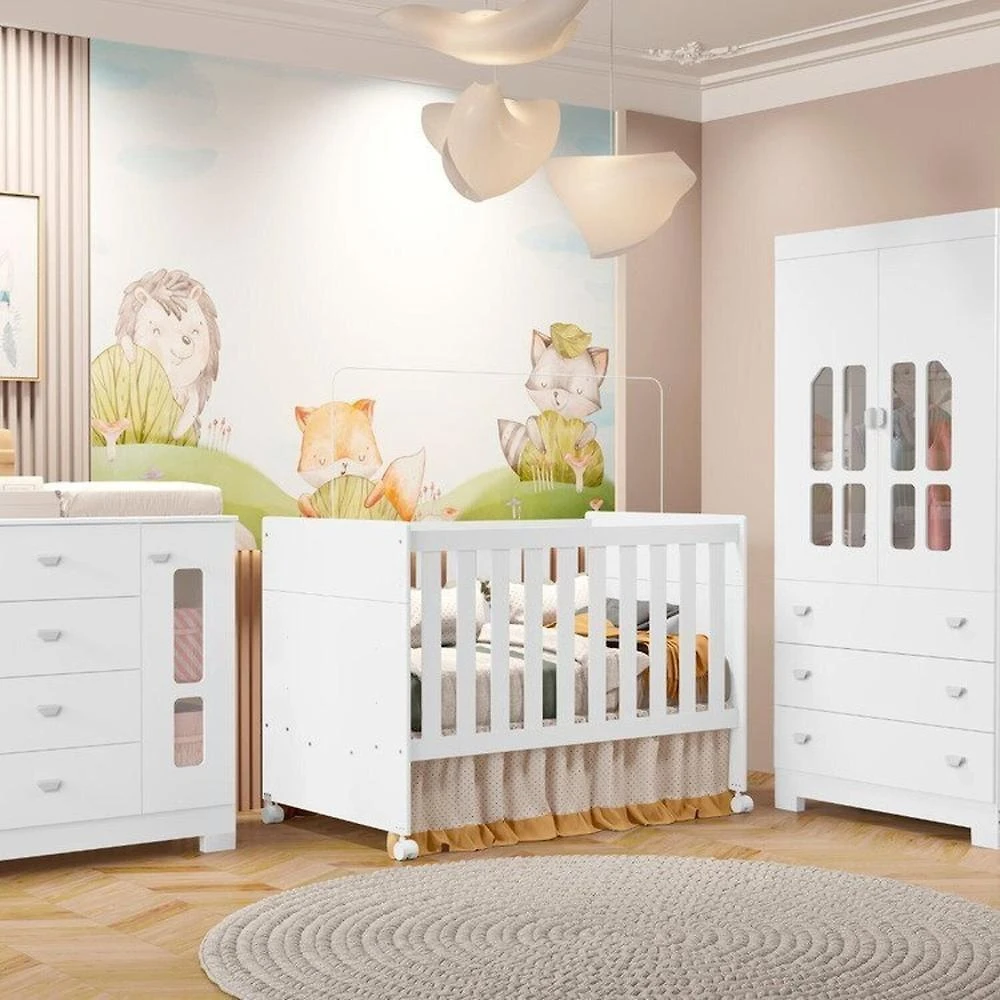 Quarto Completo com Berço 3 em 1 Katatau Branco Brilho