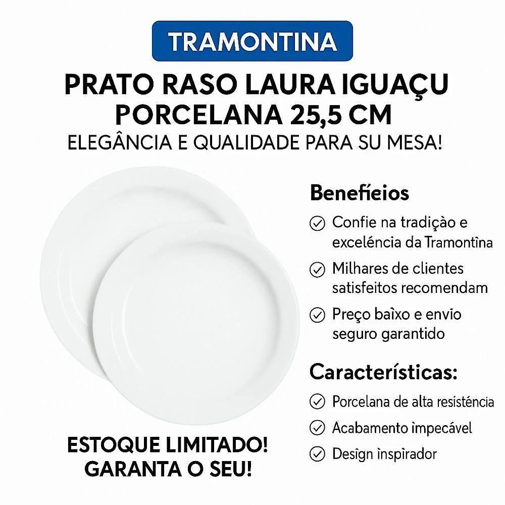 Jogo 2 Pratos Raso Jantar Laura Iguaçu Porcelana 25,5 Cm Tramontina