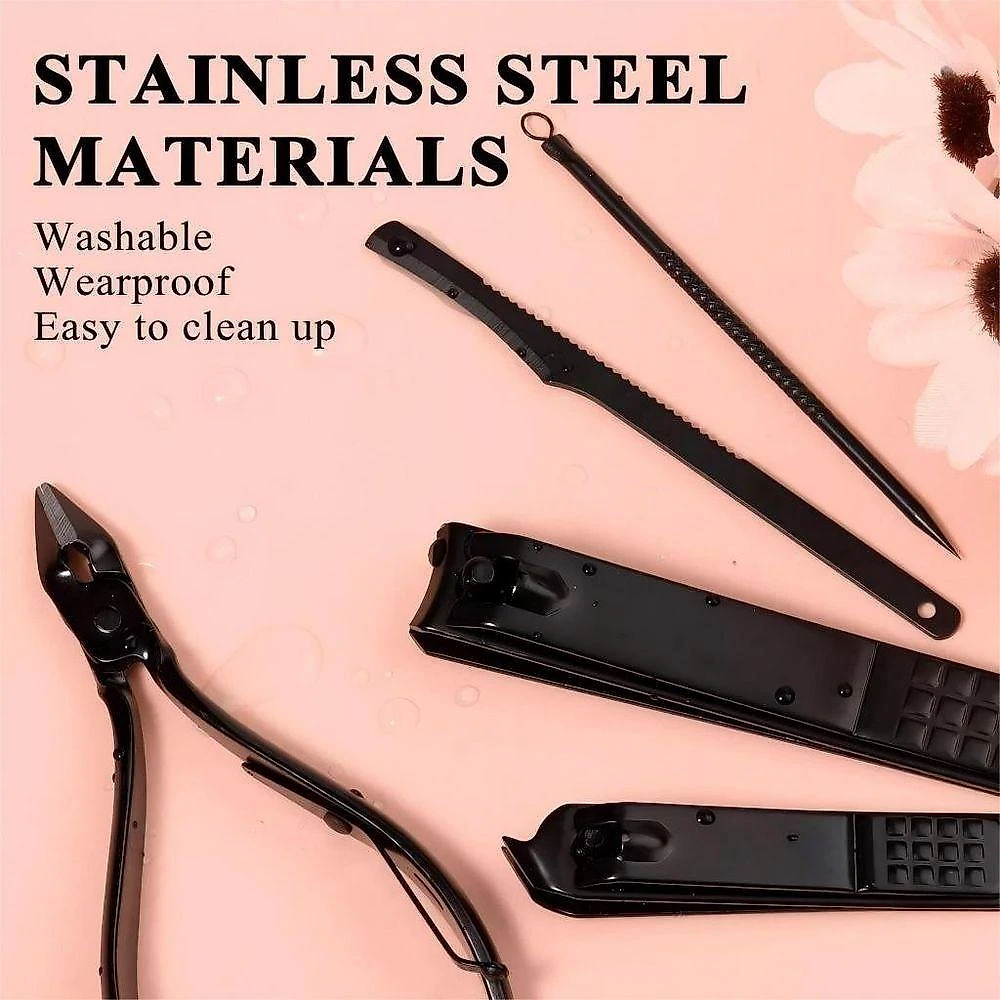 Kit para Manicure e Pedicure 16 Peças em Aço Inoxidável com Estojo Tecido Couro PU Azul Cinza Preto