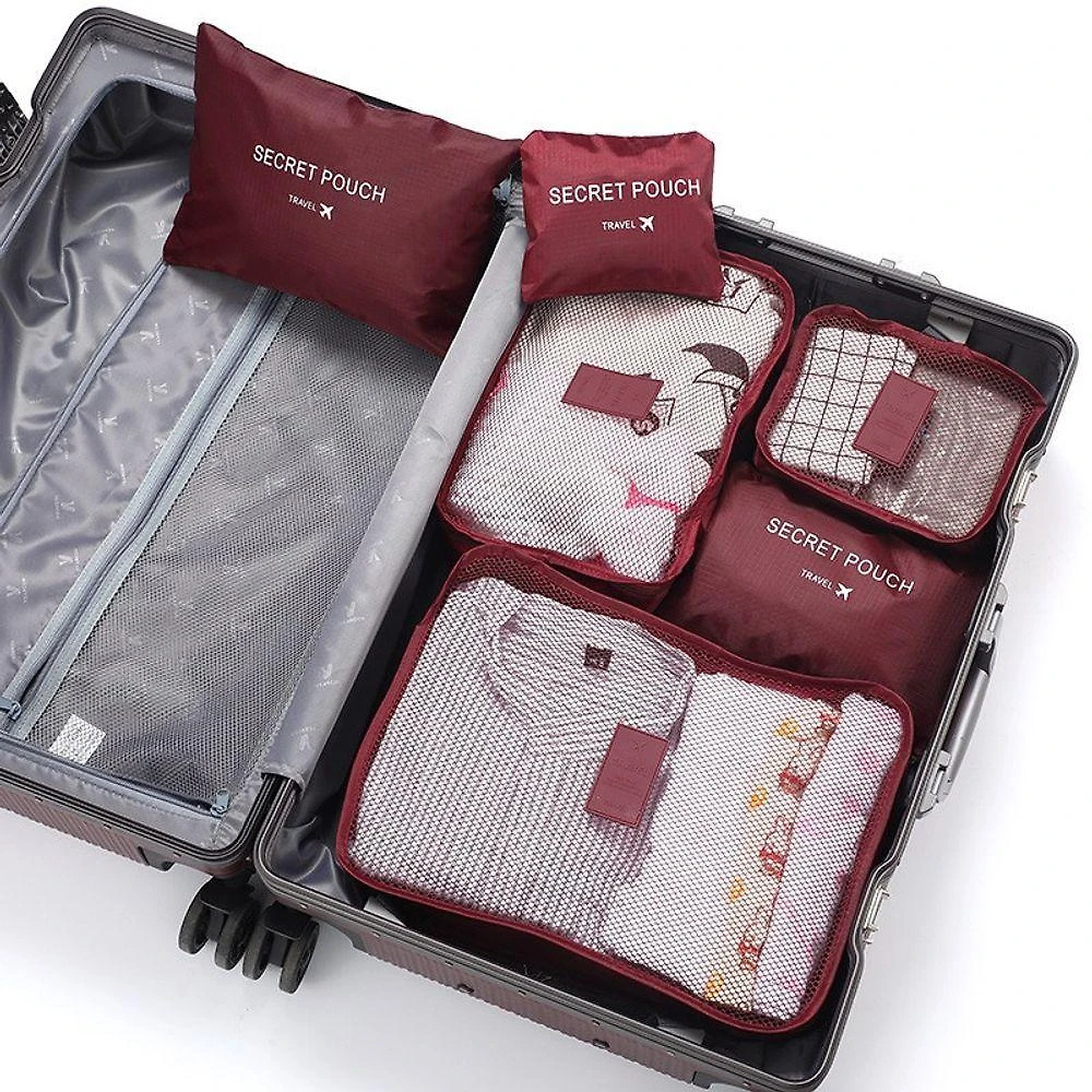 Organizador de Mala de Viagem Kit 6 Peças OEM em Poliéster com Bolsas e Necessaires Vinho Adulto