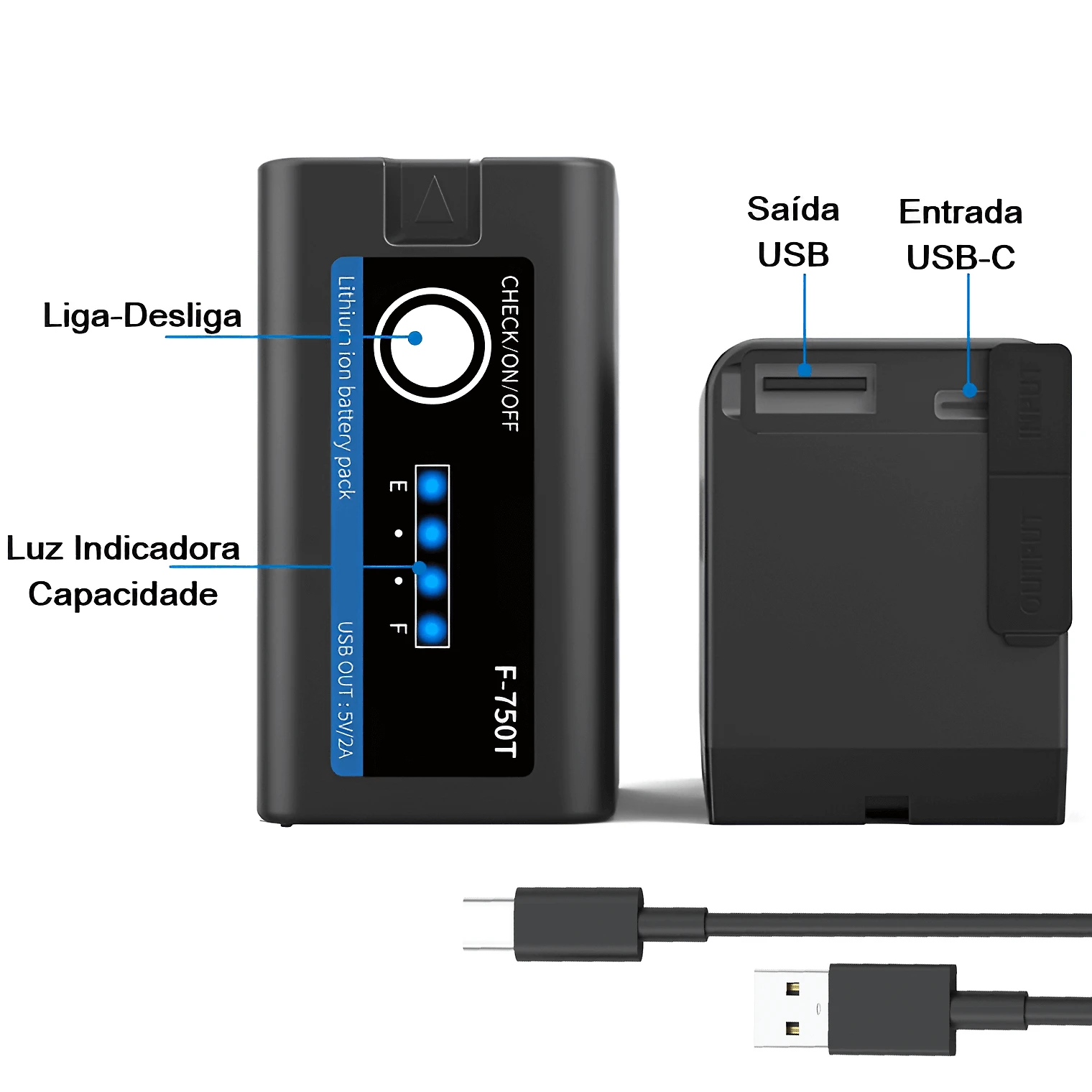 Miniatura Bateria NP-F750T (F750/F770) Multifuncional Led com Saída USB