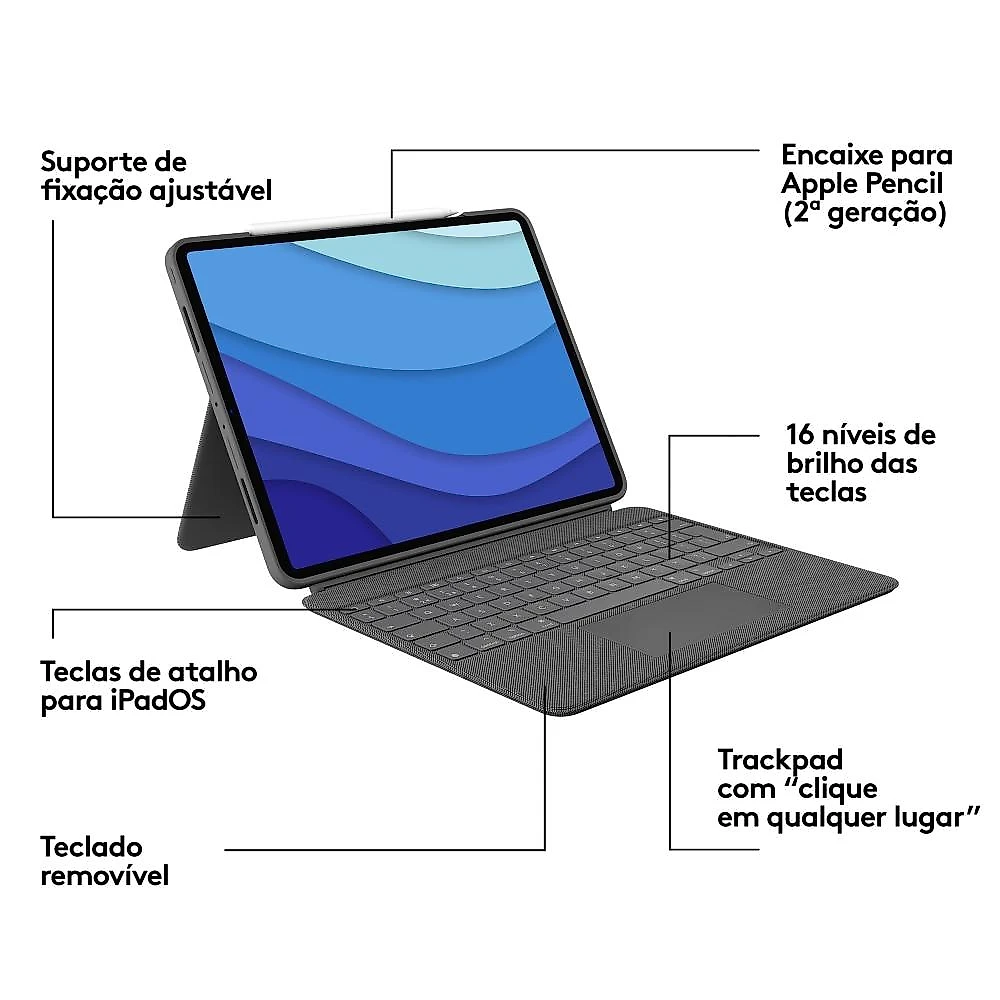 Capa com Teclado Logitech Combo Touch para iPad Pro 12.9" 5ª e 6ª Gerações - Cinza