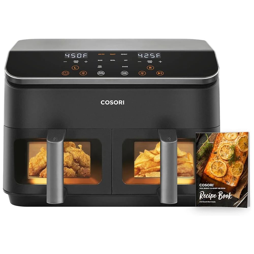 Fritadeira Elétrica Air Fryer 8 em 1, 8,4L com Cesto Duplo, Display LED, Janela de Visualização e Livro 130 Receitas, 110V 1750W, COSORI, Cinza