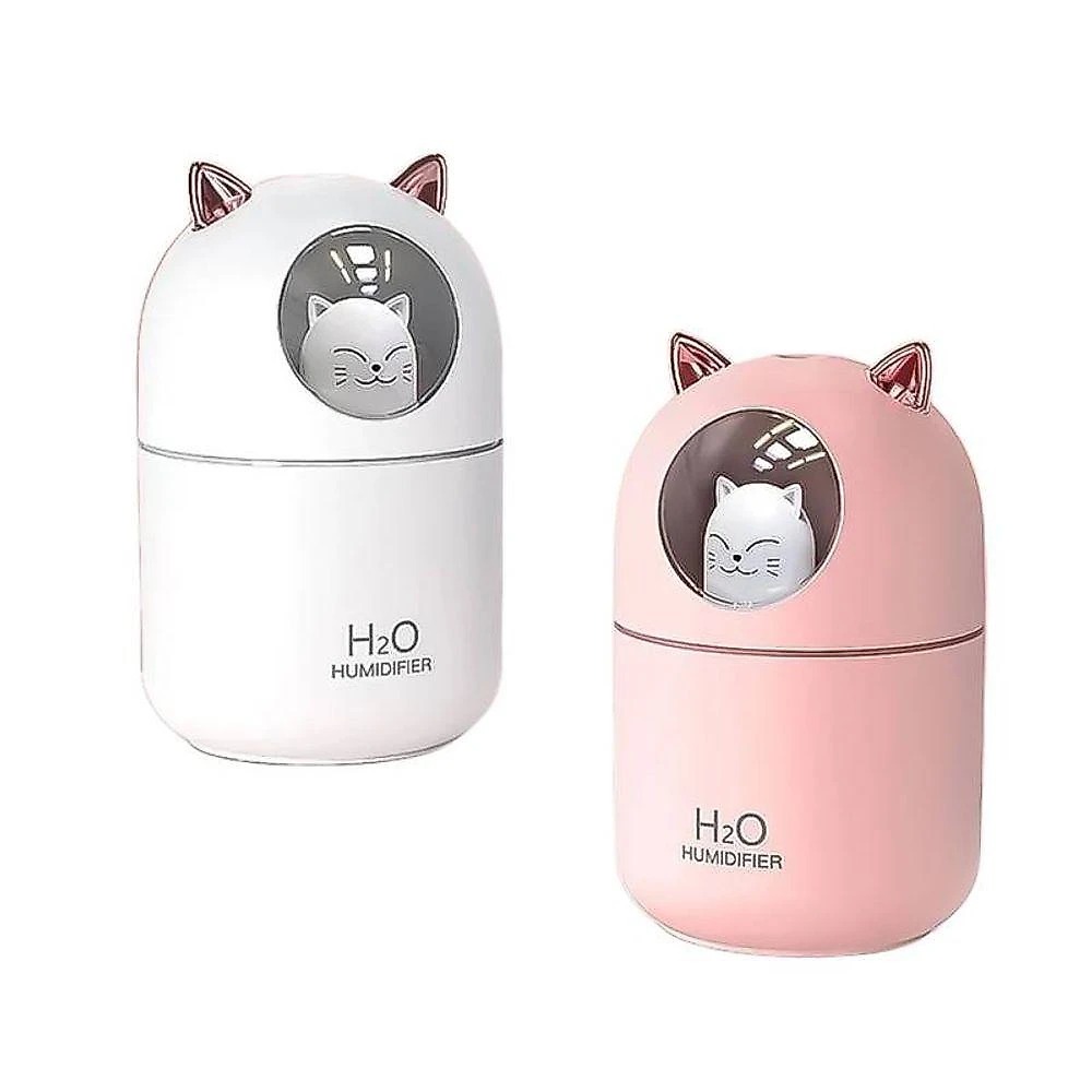 Umidificador Aromatizador Difusor Infantil Gatinho 300ML Luz RGB Branco e Rosa USB
