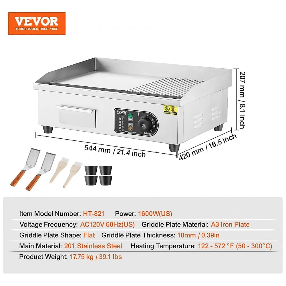 Chapa Elétrica Comercial VEVOR 1600W Superfície Antiaderente 54x30cm 6 Níveis de Temperatura 110V