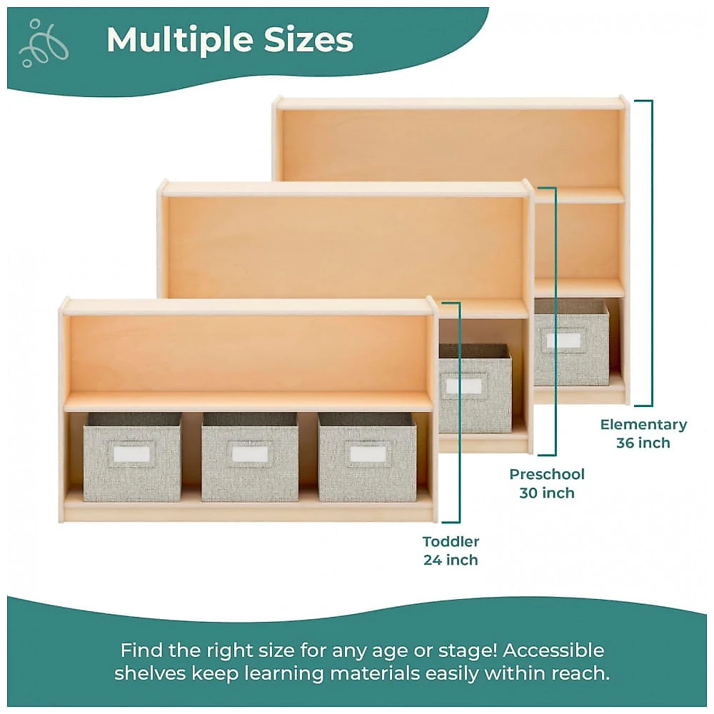 Estante baixa Guidecraft EdQ Two Shelf Open Storage 30" Natural com 2 prateleiras abertas e 3 caixas de tecido 107cm