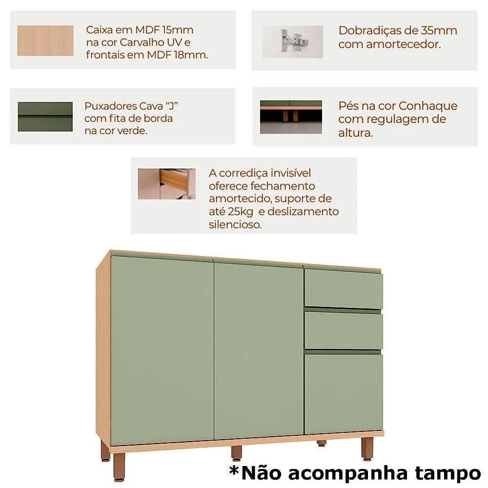 Kit Armário Aéreo e Balcão de Pia Lótus 3 Portas 2 Gavetas MDF 120CM Carvalho e Verde Luciane
