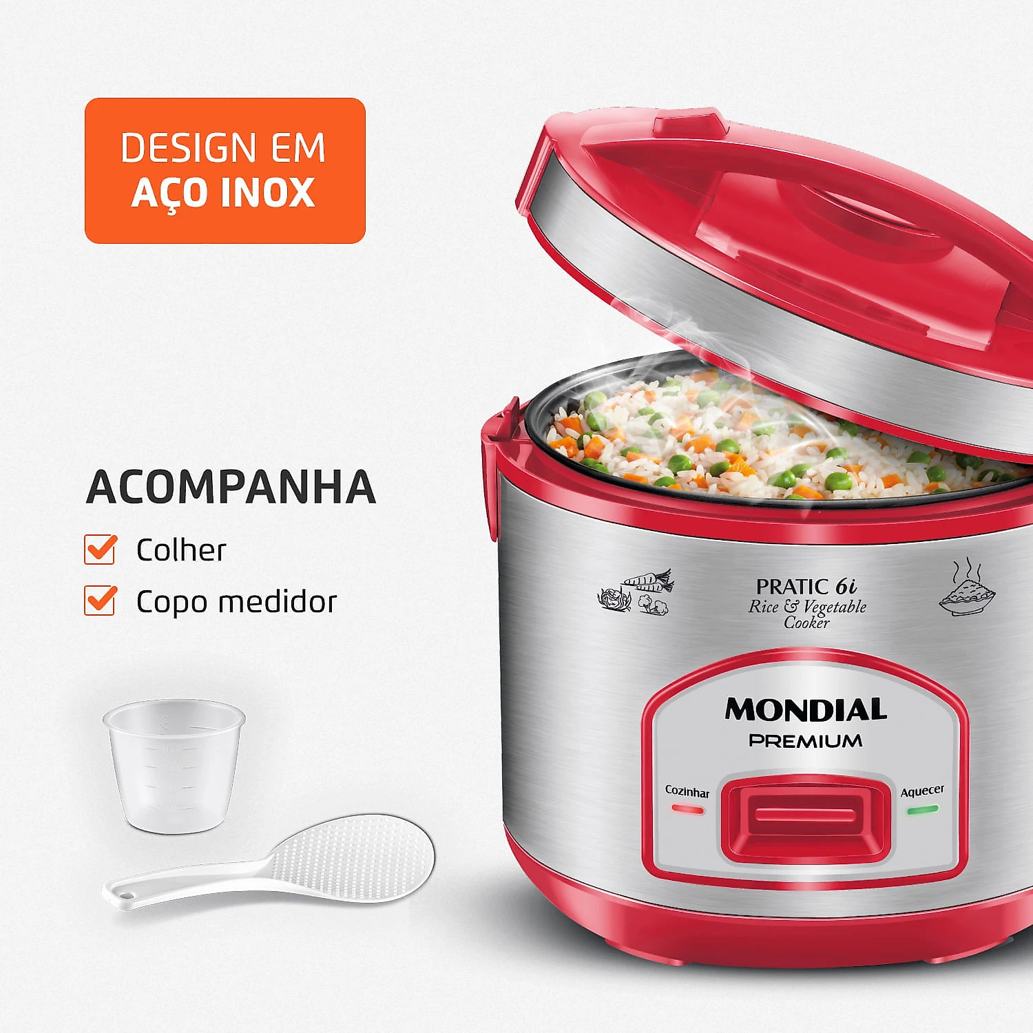 Panela Elétrica Mondial Pratic 6I PE-45-6X PANELA ELÉTRICA DE ARROZ-127V-VERMELHO/INOX