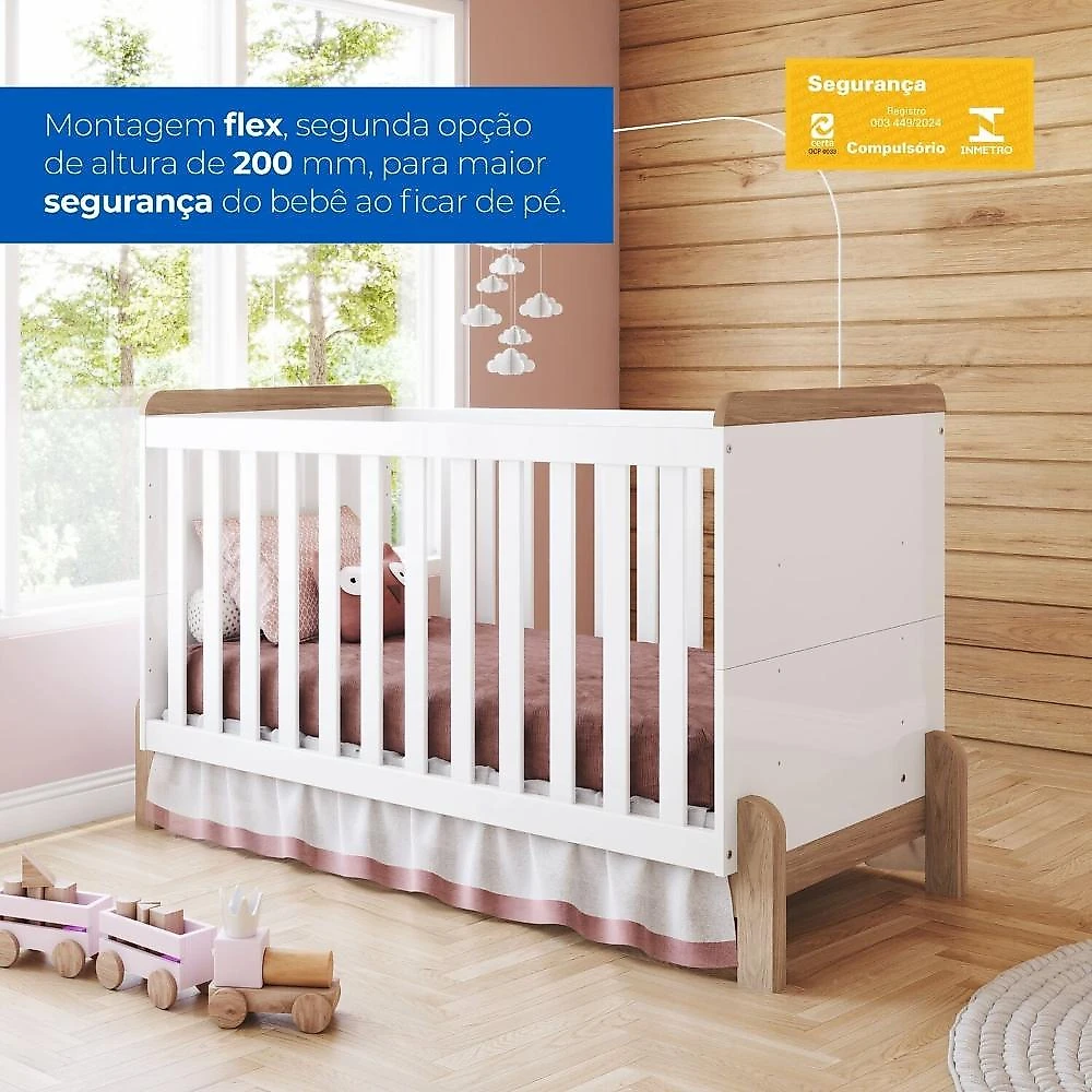 Conjunto Quarto de Bebê Berço 2 em 1 e Guarda-Roupa Yuri Branco/Jequitibá HP