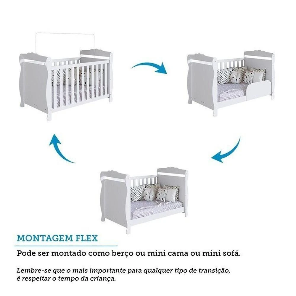 Quarto de Bebê Completo Berço Minicama Guarda-roupa 4 Portas e Cômoda 100% Mdf Nina Espresso Móveis Branco Brilho