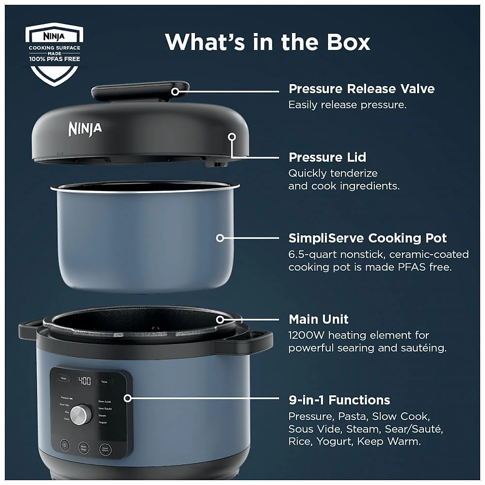 Panela de Pressão Elétrica Ninja HyperHeat Azul Macaron 6,2 L 9 em 1 SimpliServe Pot 1200 W PC201 110V