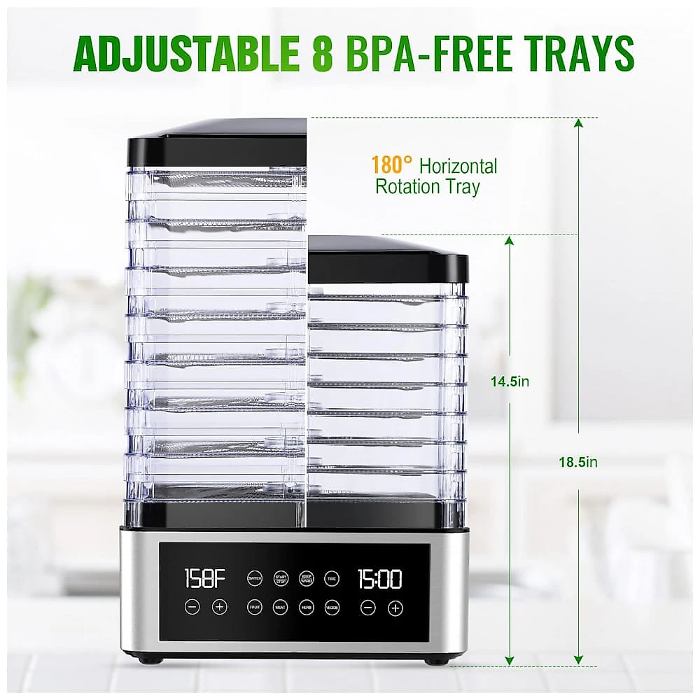 Desidratador de Alimentos, 8 Bandejas em Aço Inoxidável com Controle de Tempo e Temperatura, Ideal para Jerky, Frutas, Vegetais, Tupoyi