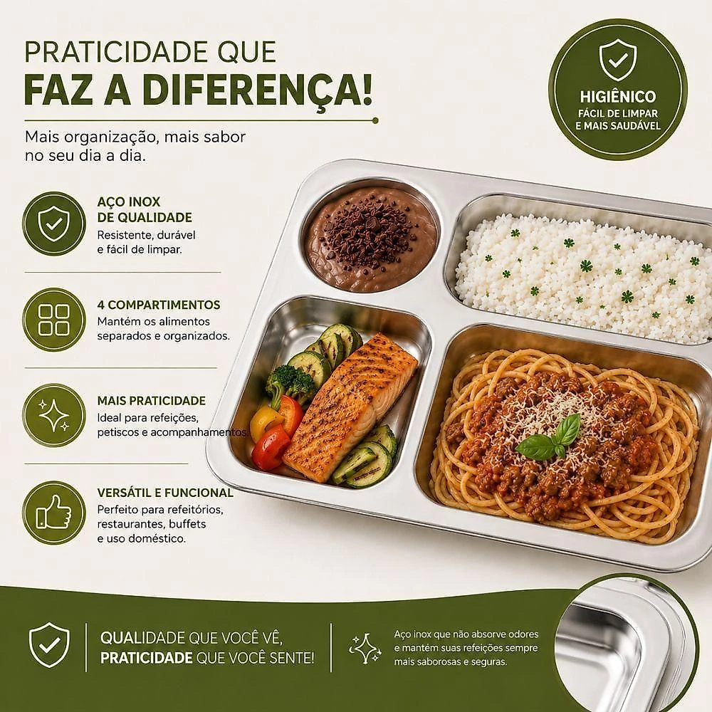 Bandeja de Servir Bandeja Retangular Inox com 4 Compartimentos Aço Inox Fácil Limpeza