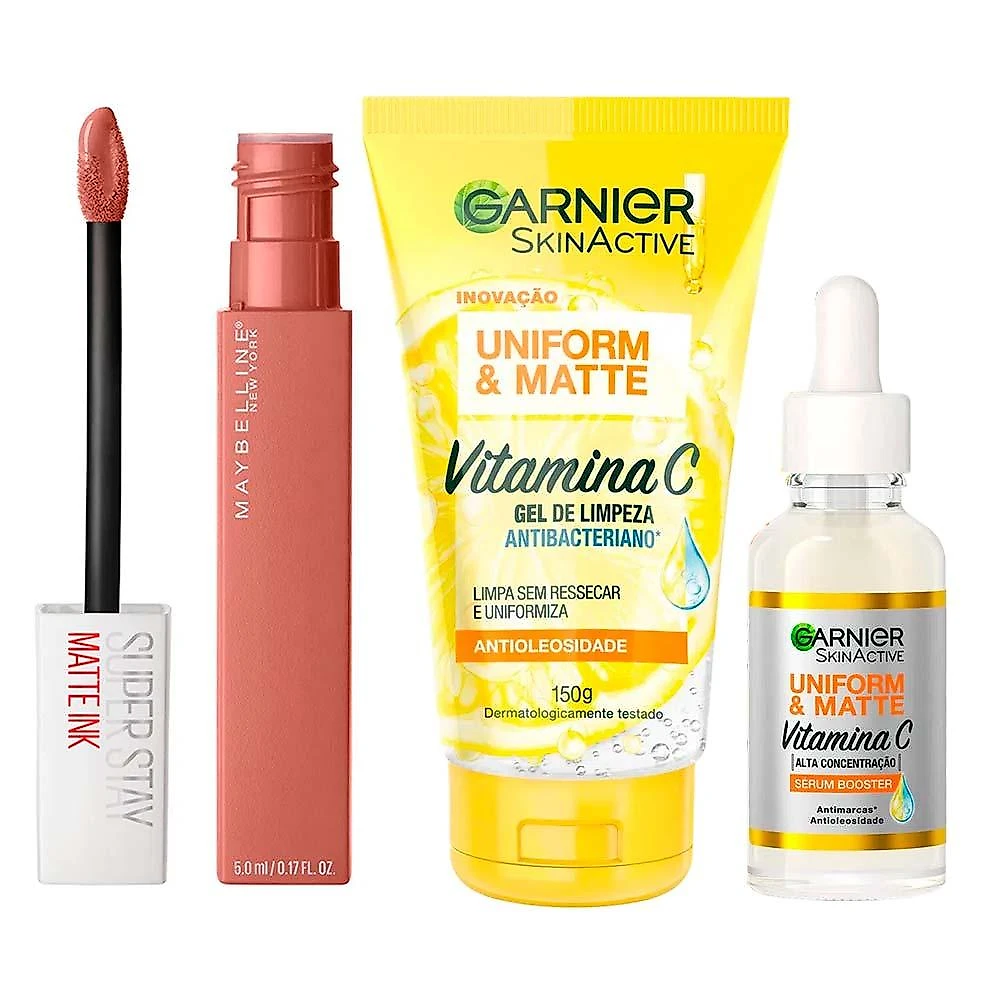 Garnier + maybelline kit – gel de limpeza facial + sérum facial + batom líquido superstay matte ink