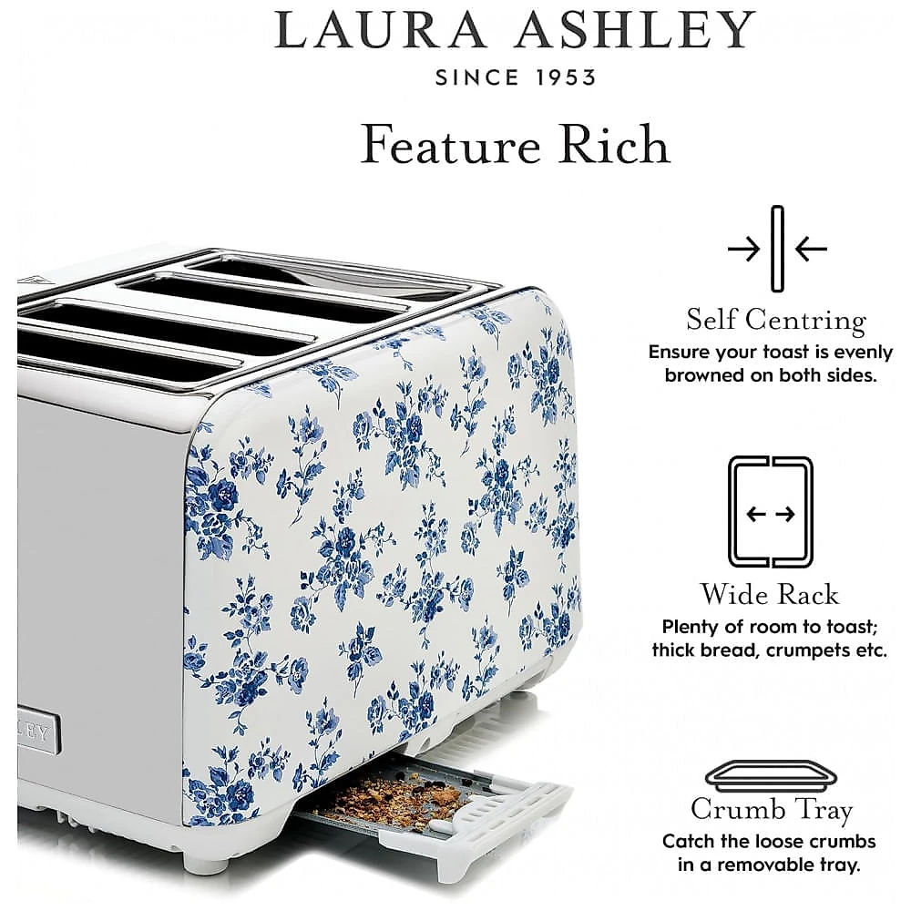 Torradeira 4 Fatias em Aço Inox Laura Ashley Rosa China com estampa floral, Slots Largos, 7 Níveis, Funções Descongelar, Reaquecer